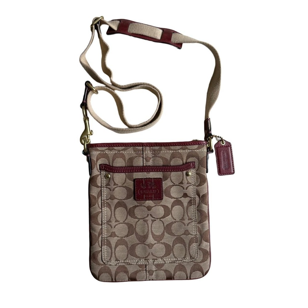 Vintage Coach Signature Canvas Crossbody Bag in Burgundy & Tan